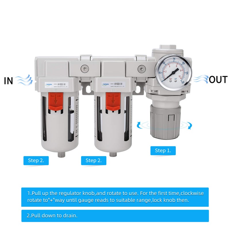 NANPU DFR-04 1/2" NPT Air Drying System - Double Air Filters, Air Pressure Regulator Combo - Semi-Auto Drain, Poly Bowl - Image 5